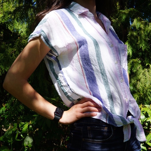 Multi Stripe Tie Hem Button Up Shirt - Picture 2 of 5